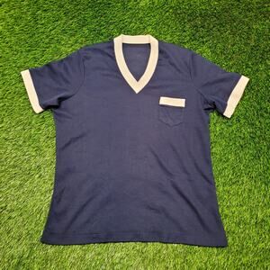 Vintage 70s V-Neck Ringer T-Shirt Womens M Oversized Textured Chest Pocket